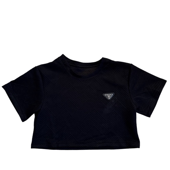 Prada Tops - Prada Black Short Sleeve Cropped Tee with Logo Patch